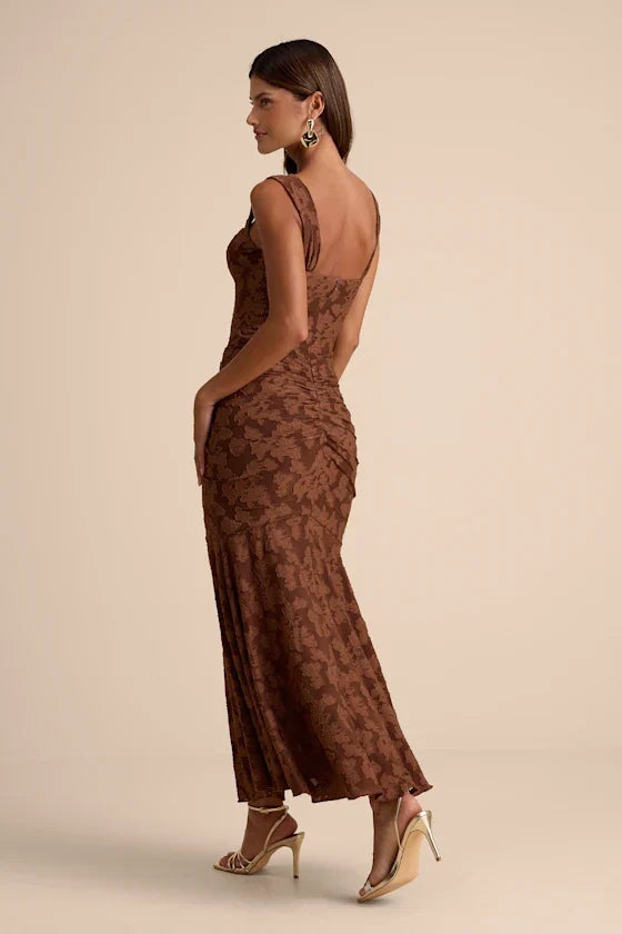 Celeste Brown Floral Burnout Bustier Maxi Dress
